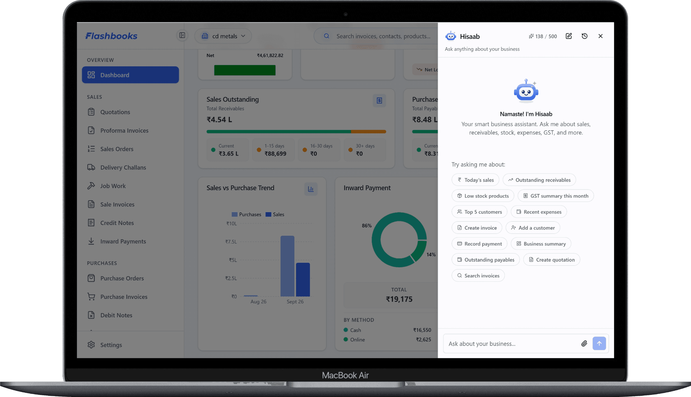 FlashBooks AI assistant (Hisaab) preview on MacBook